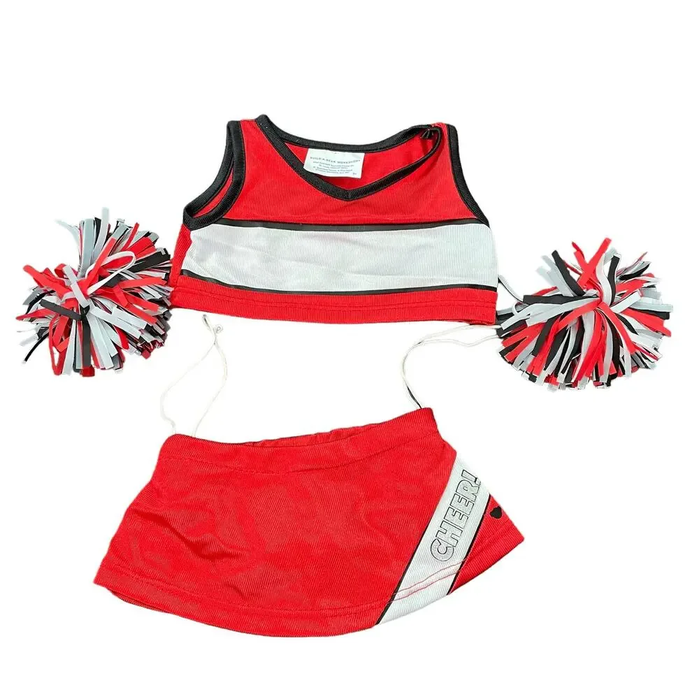 Build A Bear Cheerleader Uniform Outfit w/ Pom Poms Red Top & Skirt BAB Clothes